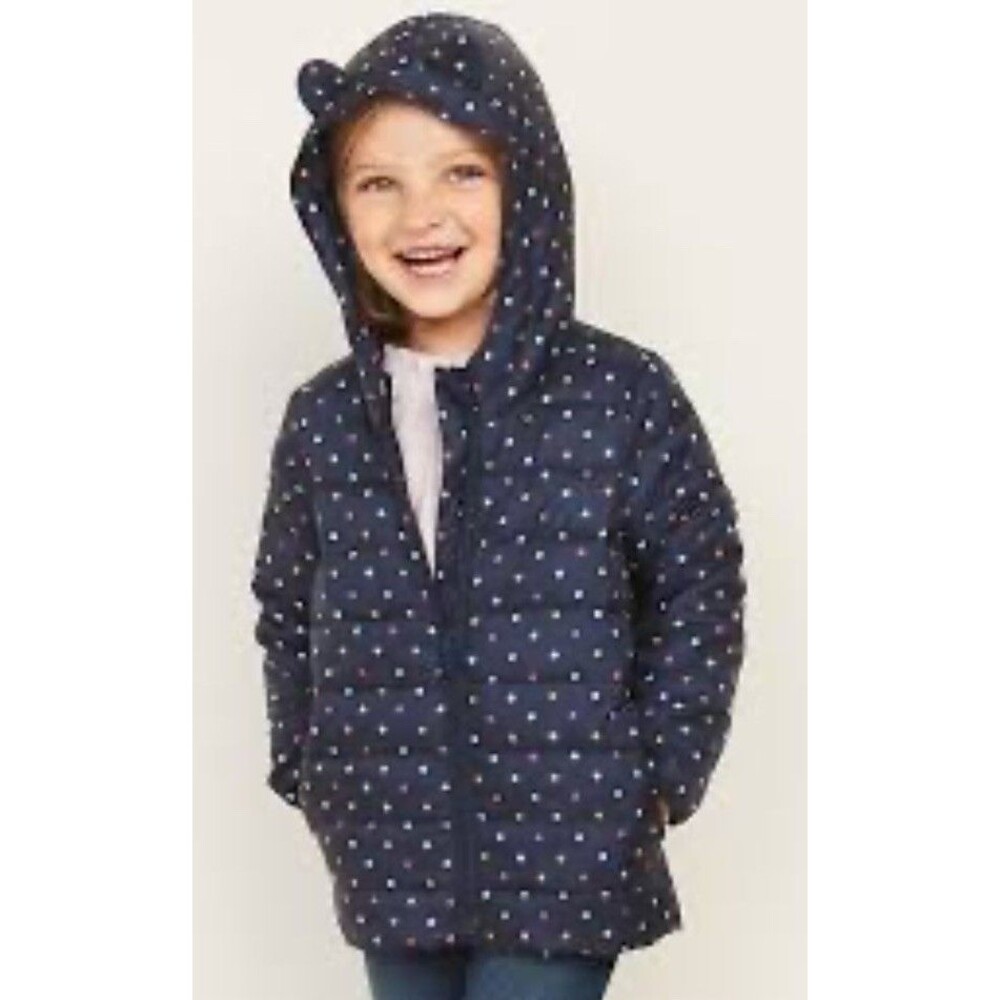 Old Navy Girls 3T Hooded Packable Puffer Jacket Polka Dot Bear Ears
